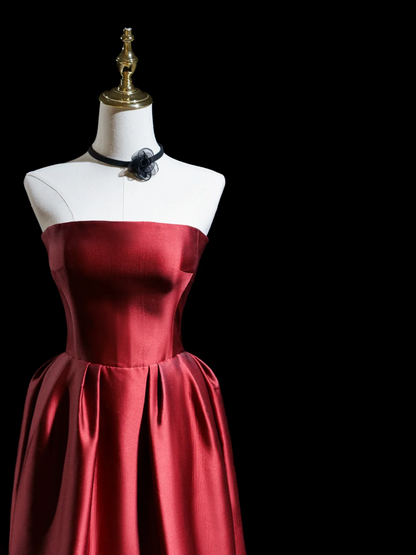 Retro A Line Strapless Burgundy Satin Long Prom Dresses Impress 18th Birthday Outfits Prom Gown RB1864