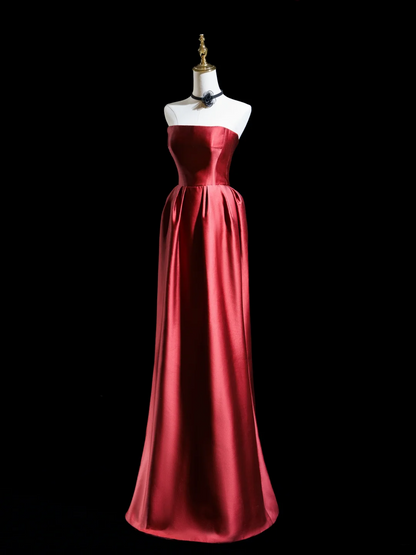 Retro A Line Strapless Burgundy Satin Long Prom Dresses Impress 18th Birthday Outfits Prom Gown RB1864