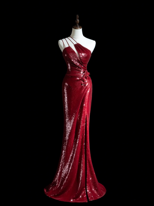 Sparkle Mermaid One Shoulder Burgundy Sequin Long Prom Dresses Impress 18th Birthday Outfits Prom Gown RB1850