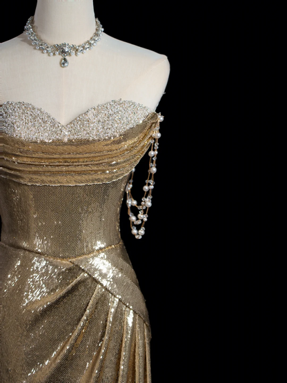 Sparkle Mermaid Sweetheart Gold Sequin Long Prom Dresses Impress 18th Birthday Outfits Prom Gown RB1866