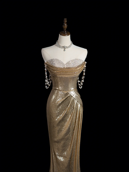Sparkle Mermaid Sweetheart Gold Sequin Long Prom Dresses Impress 18th Birthday Outfits Prom Gown RB1866