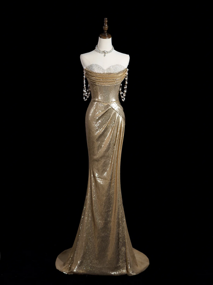 Sparkle Mermaid Sweetheart Gold Sequin Long Prom Dresses Impress 18th Birthday Outfits Prom Gown RB1866