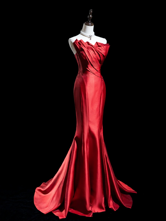 Retro Mermaid Strapless Burgundy Satin Long Prom Dresses Impress 18th Birthday Outfits Prom Gown RB1867