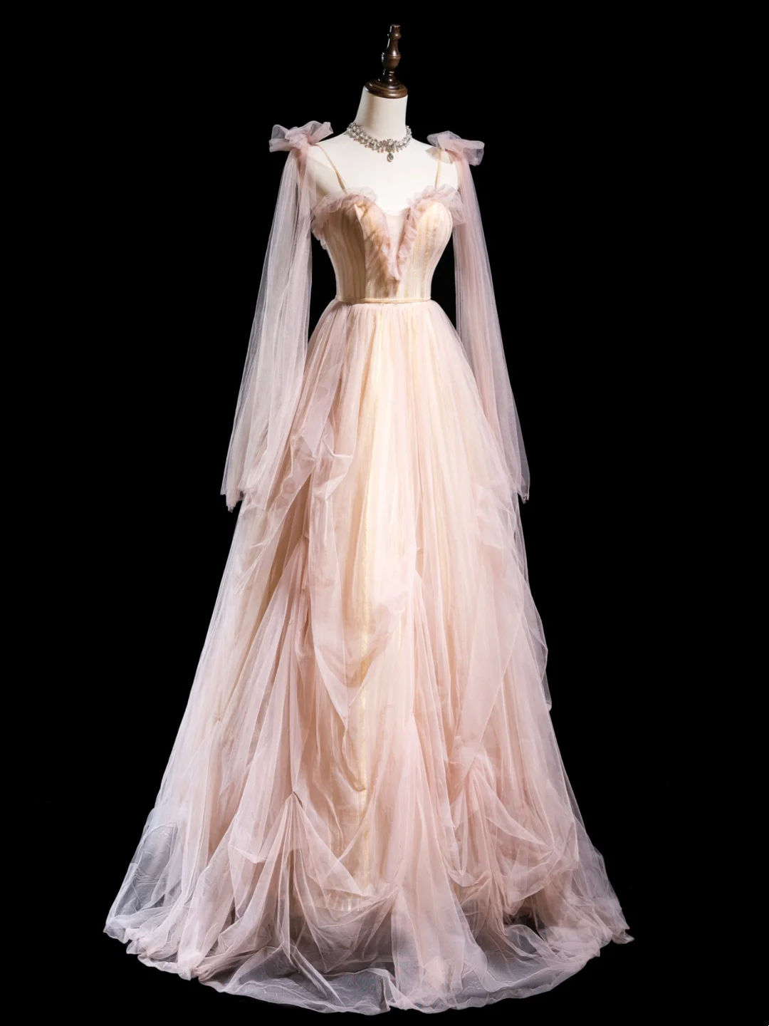 Cute Ball Gown Spaghetti Strap Light Pink Tulle Pleated Long Prom Dresses For Teens Formal Dress Formal Dress Prom Gown AB852
