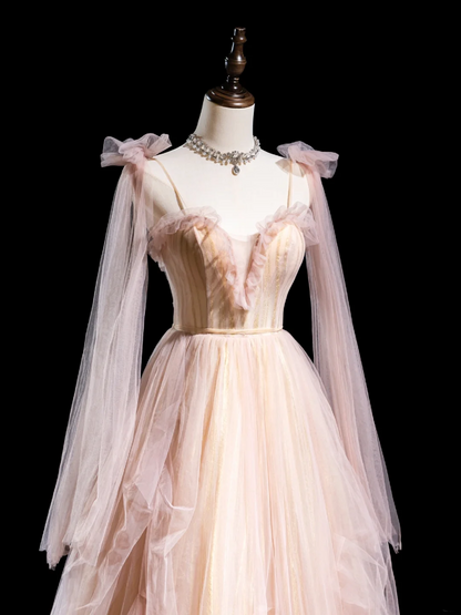 Cute Ball Gown Spaghetti Strap Light Pink Tulle Pleated Long Prom Dresses For Teens Formal Dress Formal Dress Prom Gown AB852