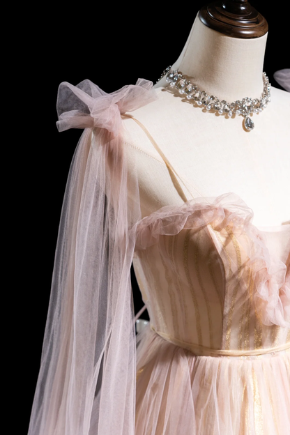 Cute Ball Gown Spaghetti Strap Light Pink Tulle Pleated Long Prom Dresses For Teens Formal Dress Formal Dress Prom Gown AB852