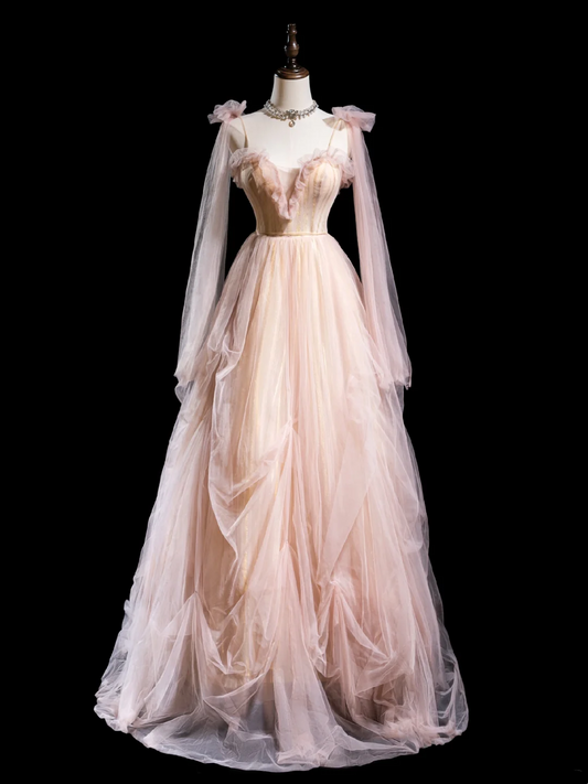 Vintage Ball Gown Spaghetti Strap Light Pink Tulle Pleated Long Prom Dresses For Teens Formal Dress Formal Dress Prom Gown RB1871