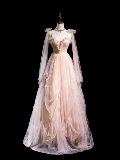 Cute Ball Gown Spaghetti Strap Light Pink Tulle Pleated Long Prom Dresses For Teens Formal Dress Formal Dress Prom Gown AB852