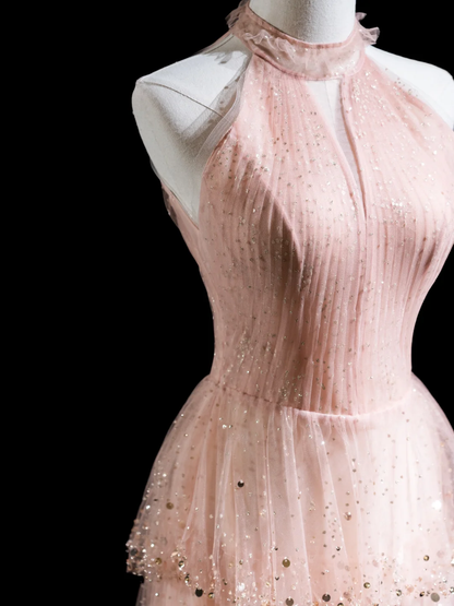Retro A Line High Neck Blush Pink Sequin Long Prom Dresses Impress 20th Birthday Outfits Prom Gown RB1872