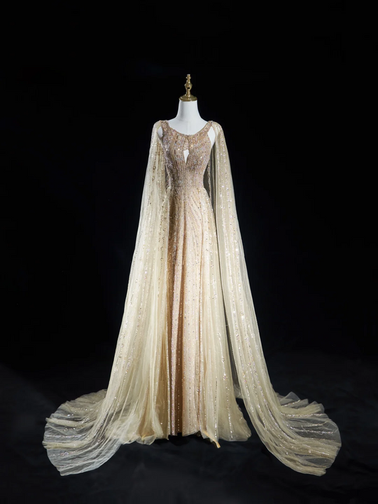 Vintage A Line Scoop Neck Sequin Champagne Tulle Long Prom Dresses For Teens Formal Dress Floor Length Prom Gown RB1873