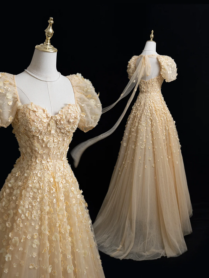 Princess A Line Square Neck Gold Tulle Flowers Long Prom Dresses Impress 20th Birthday Outfits Prom Gown RB1875