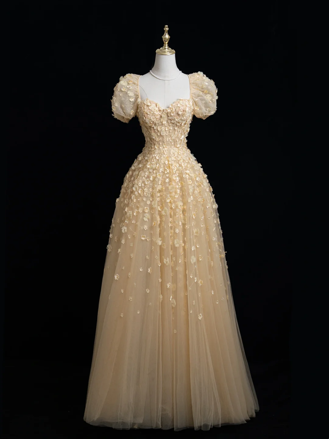 Princess A Line Square Neck Gold Tulle Flowers Long Prom Dresses Impress 20th Birthday Outfits Prom Gown RB1875