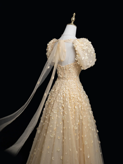 Princess A Line Square Neck Gold Tulle Flowers Long Prom Dresses Impress 20th Birthday Outfits Prom Gown RB1875
