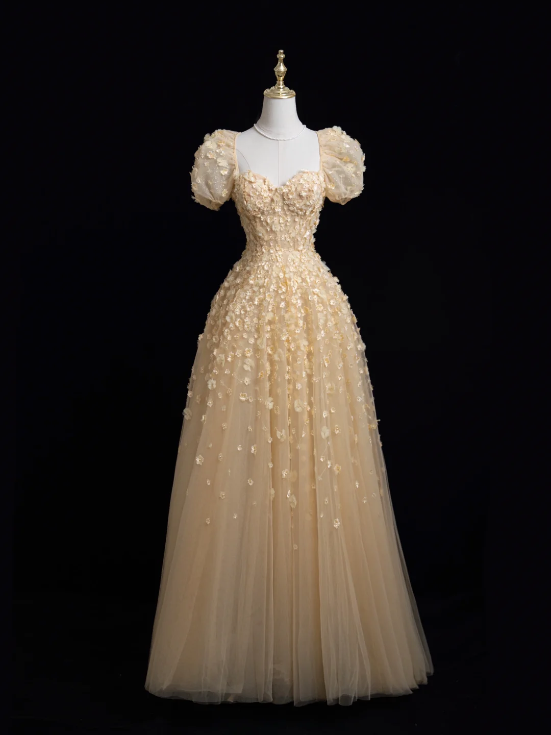 Princess A Line Square Neck Gold Tulle Flowers Long Prom Dresses Impress 20th Birthday Outfits Prom Gown RB1875
