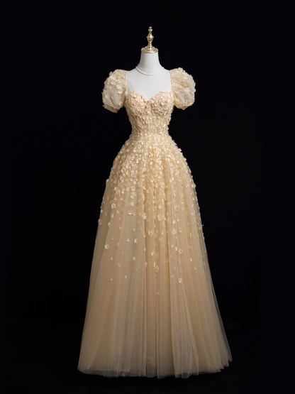 Princess A Line Square Neck Gold Tulle Flowers Long Prom Dresses Impress 20th Birthday Outfits Prom Gown RB1875