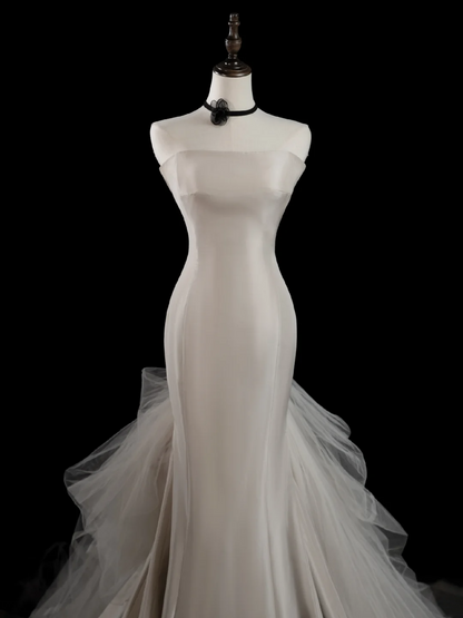 Vintage Mermaid Strapless Sleeveless White Fitted Long Wedding Dress Bride Gown Wedding Dresses RB1876