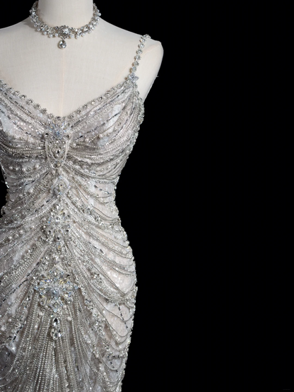 Vintage Mermaid Spaghetti Strap Sleeveless Sequin Fitted Beaded Long Wedding Dress Bride Gown Wedding Dresses RB1878