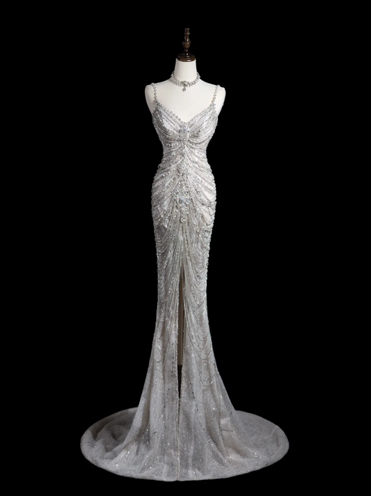 Vintage Mermaid Spaghetti Strap Sleeveless Sequin Fitted Beaded Long Wedding Dress Bride Gown Wedding Dresses RB1878
