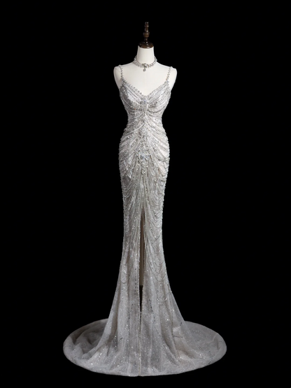 Vintage Mermaid Spaghetti Strap Sleeveless Sequin Fitted Beaded Long Wedding Dress Bride Gown Wedding Dresses RB1878