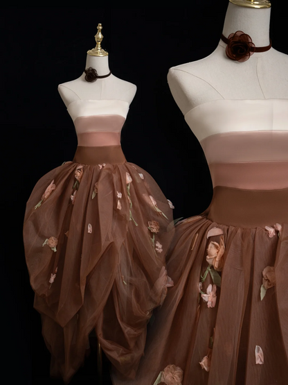 Retro Ball Gown Strapless Brown Tulle Prom Dresses Impress 18th Birthday Outfits Prom Gown RB1878