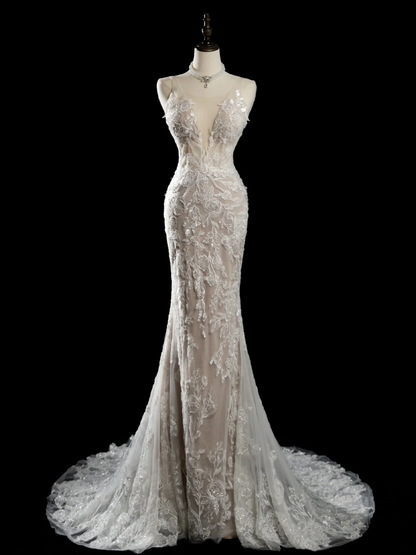Vintage Mermaid Spaghetti Strap Sleeveless Sequin Lace Fitted Beaded Long Wedding Dress Bride Gown Wedding Dresses RB1879