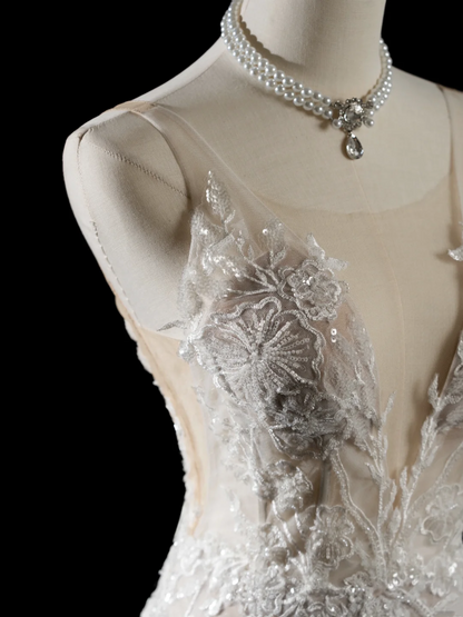 Vintage Mermaid Spaghetti Strap Sleeveless Sequin Lace Fitted Beaded Long Wedding Dress Bride Gown Wedding Dresses RB1879