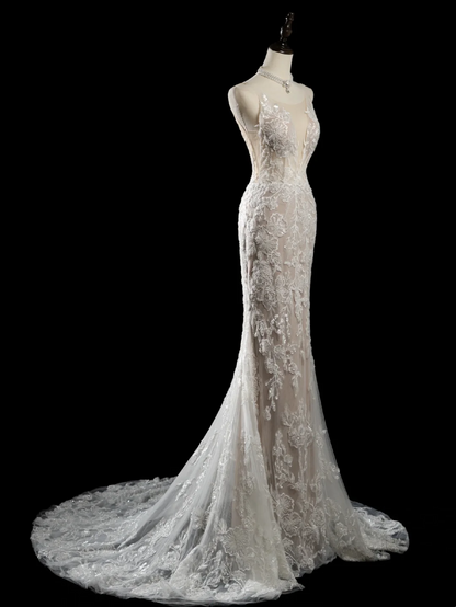 Vintage Mermaid Spaghetti Strap Sleeveless Sequin Lace Fitted Beaded Long Wedding Dress Bride Gown Wedding Dresses RB1879