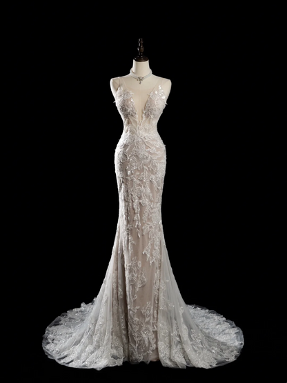 Vintage Mermaid Spaghetti Strap Sleeveless Sequin Lace Fitted Beaded Long Wedding Dress Bride Gown Wedding Dresses RB1879