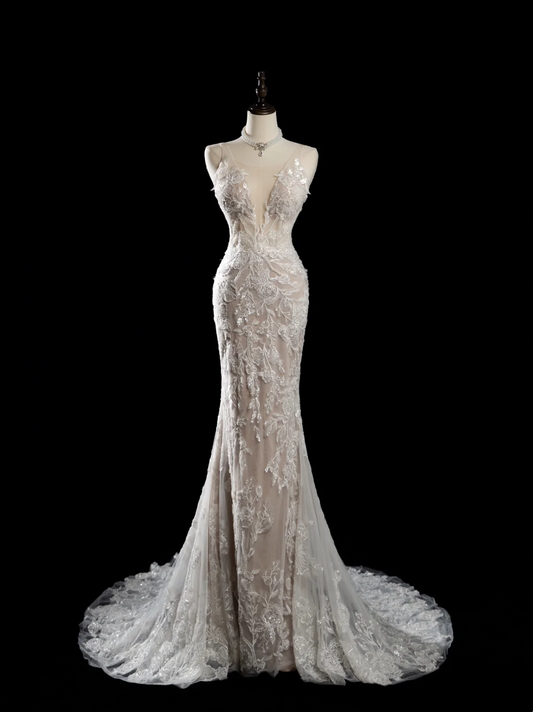 Vintage Mermaid Spaghetti Strap Sleeveless Sequin Lace Fitted Beaded Long Wedding Dress Bride Gown Wedding Dresses RB1879