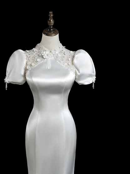 Vintage Mermaid High Neck Short Sleeves Satin Fitted Long Wedding Dress Bride Gown Wedding Dresses RB1882