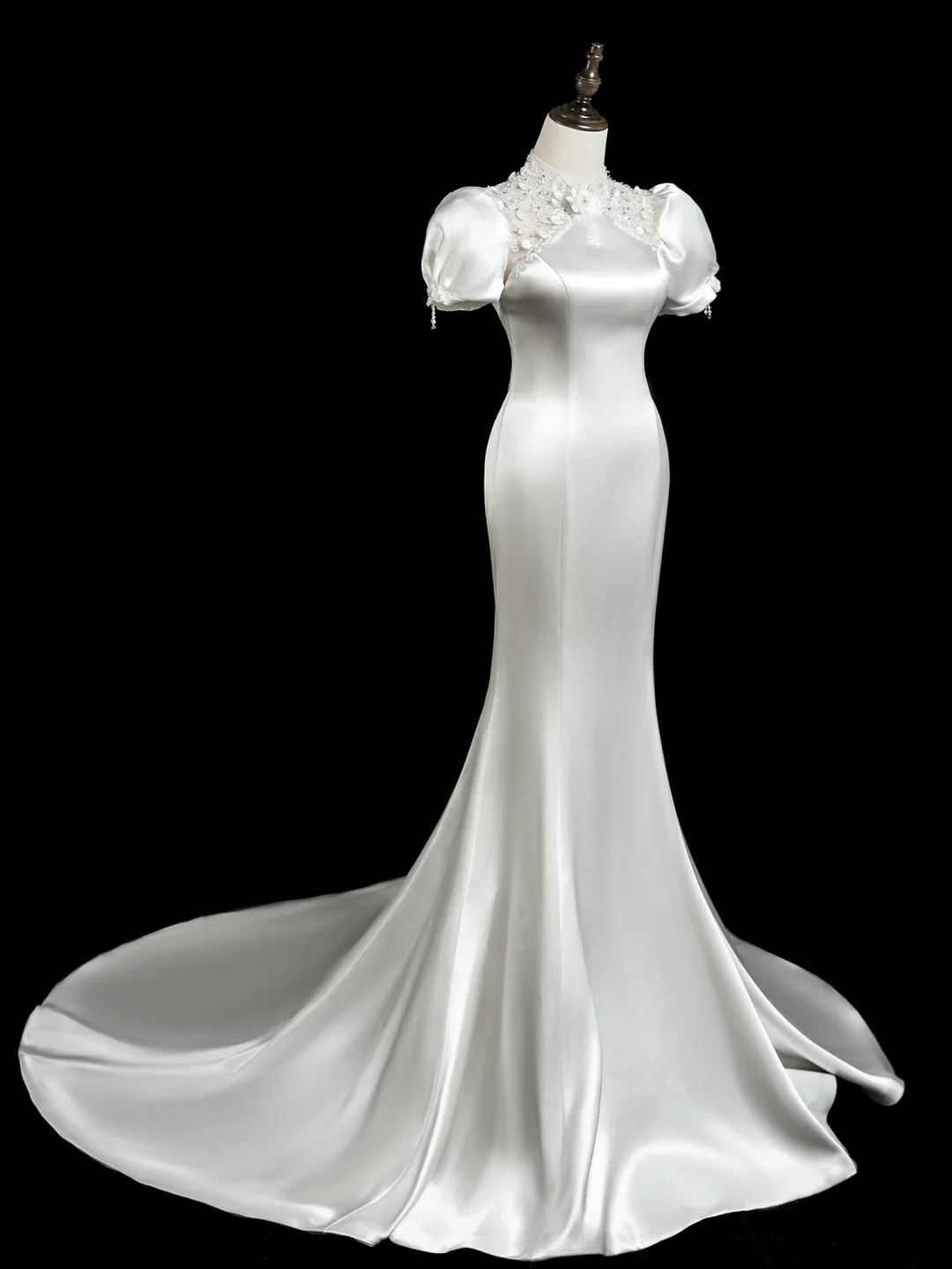 Vintage Mermaid High Neck Short Sleeves Satin Fitted Long Wedding Dress Bride Gown Wedding Dresses RB1882