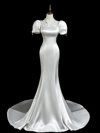 Vintage Mermaid High Neck Short Sleeves Satin Fitted Long Wedding Dress Bride Gown Wedding Dresses RB1882