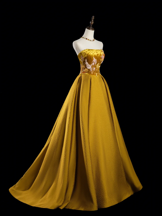 Retro Ball Gown Strapless Gold Satin Long Prom Dresses Impress 18th Birthday Outfits Prom Gown RB1885