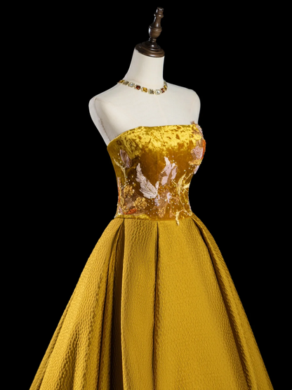 Retro Ball Gown Strapless Gold Satin Long Prom Dresses Impress 18th Birthday Outfits Prom Gown RB1885