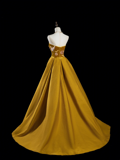 Retro Ball Gown Strapless Gold Satin Long Prom Dresses Impress 18th Birthday Outfits Prom Gown RB1885