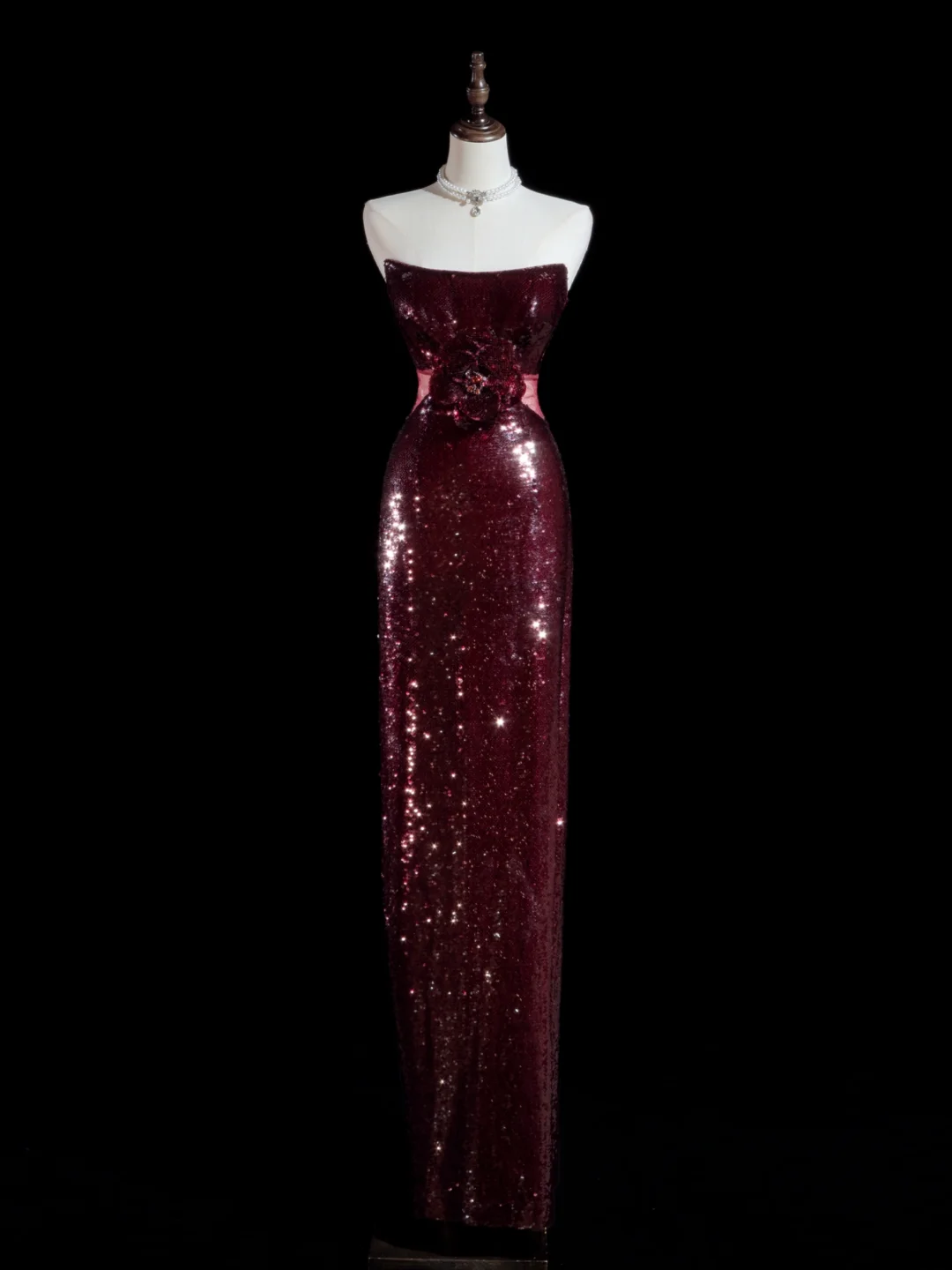 Sparkle Sheath Strapless Burgundy Sequin Long Prom Dresses Impress 18th Birthday Outfits Prom Gown RB1888