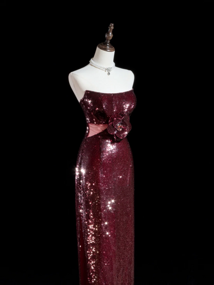 Sparkle Sheath Strapless Burgundy Sequin Long Prom Dresses Impress 18th Birthday Outfits Prom Gown RB1888