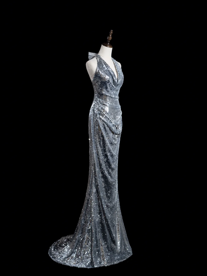 Retro Mermaid Halter Silver Sequin Long Prom Dresses Impress 18th Birthday Outfits Prom Gown RB1889