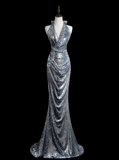Retro Mermaid Halter Silver Sequin Long Prom Dresses Impress 18th Birthday Outfits Prom Gown RB1889