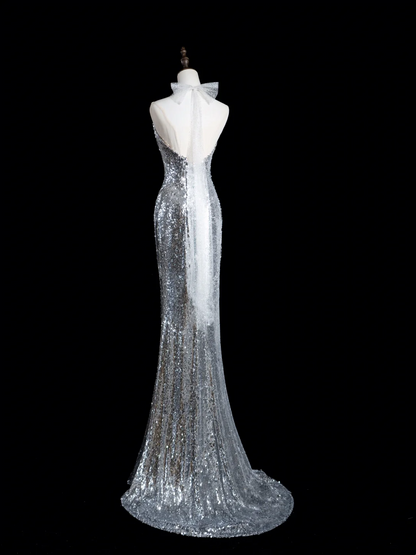 Retro Mermaid Halter Silver Sequin Long Prom Dresses Impress 18th Birthday Outfits Prom Gown RB1889