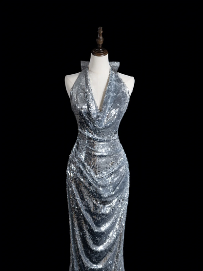 Retro Mermaid Halter Silver Sequin Long Prom Dresses Impress 18th Birthday Outfits Prom Gown RB1889