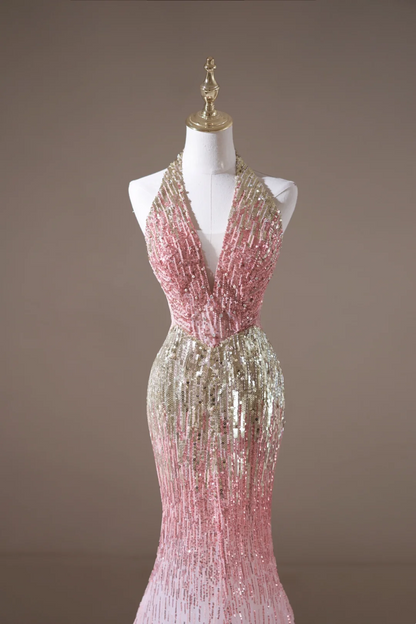 Retro Mermaid Halter Pink Sequin Long Prom Dresses Impress 19th Birthday Outfits Prom Gown RB1893