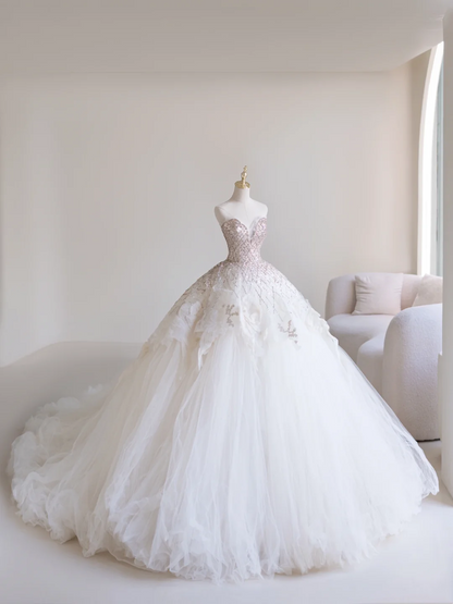 Princess Ball Gown Sweetheart Sleeveless Tulle Fitted Long Wedding Dress Bridal Gown White Wedding Dresses RB1894