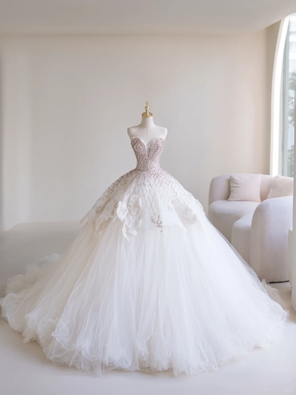 Princess Ball Gown Sweetheart Sleeveless Tulle Fitted Long Wedding Dress Bridal Gown White Wedding Dresses RB1894
