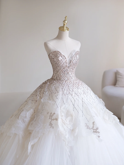 Princess Ball Gown Sweetheart Sleeveless Tulle Fitted Long Wedding Dress Bridal Gown White Wedding Dresses RB1894