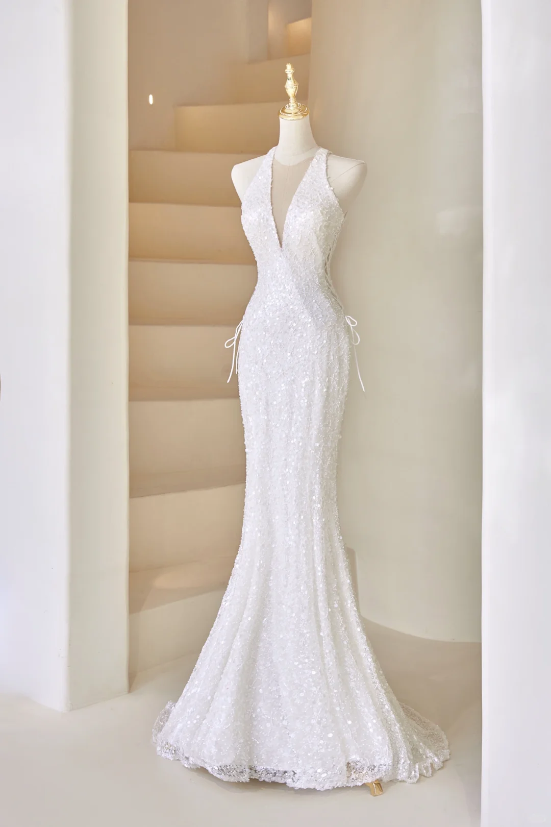 Sexy Mermaid Deep V Neck White Sequin Long Prom Dresses Impress 19th Birthday Outfits Prom Gown RB1895