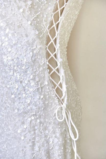 Sexy Mermaid Deep V Neck White Sequin Long Prom Dresses Impress 19th Birthday Outfits Prom Gown RB1895