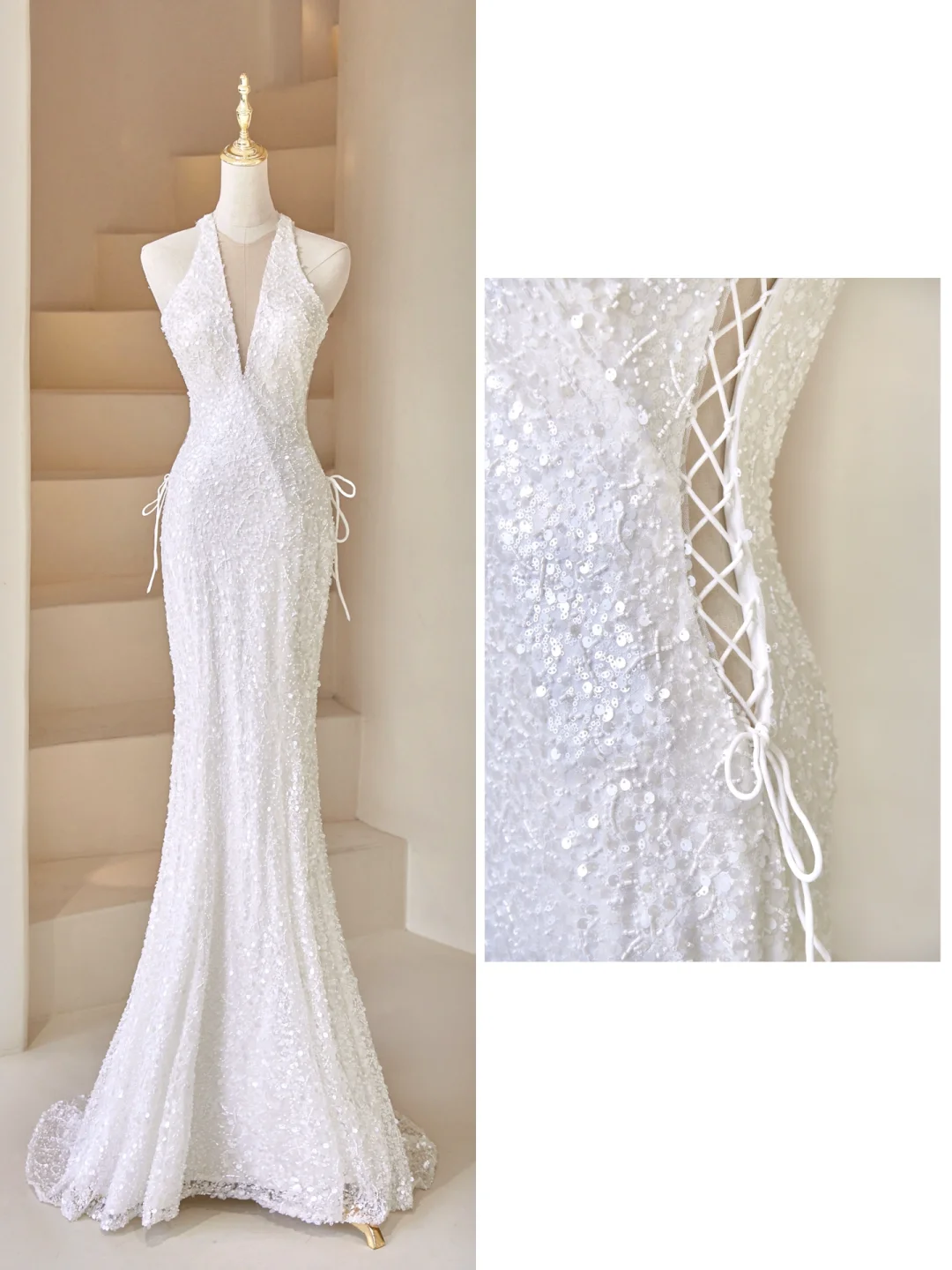 Sexy Mermaid Deep V Neck White Sequin Long Prom Dresses Impress 19th Birthday Outfits Prom Gown RB1895