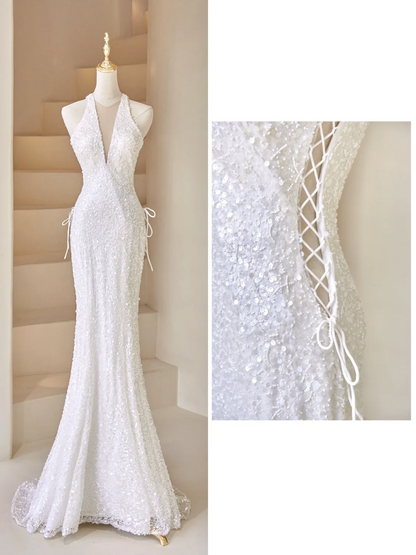 Sexy Mermaid Deep V Neck White Sequin Long Prom Dresses Impress 19th Birthday Outfits Prom Gown RB1895