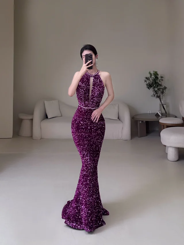 Sexy Mermaid Scoop Neck Grape Sequin Long Prom Dresses Impress 19th Birthday Outfits Prom Gown RB1897